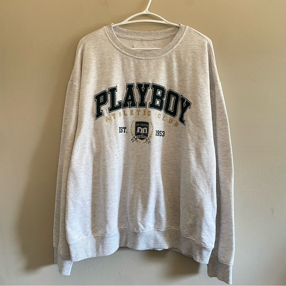 PLAYBOY Heather Grey w Forrest Green Logo Varsity Crewneck Sweater - Size XL GUC - Picture 3 of 14